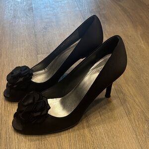 Stuart weitzman Black Peep-Toe Heels with Floral Accent